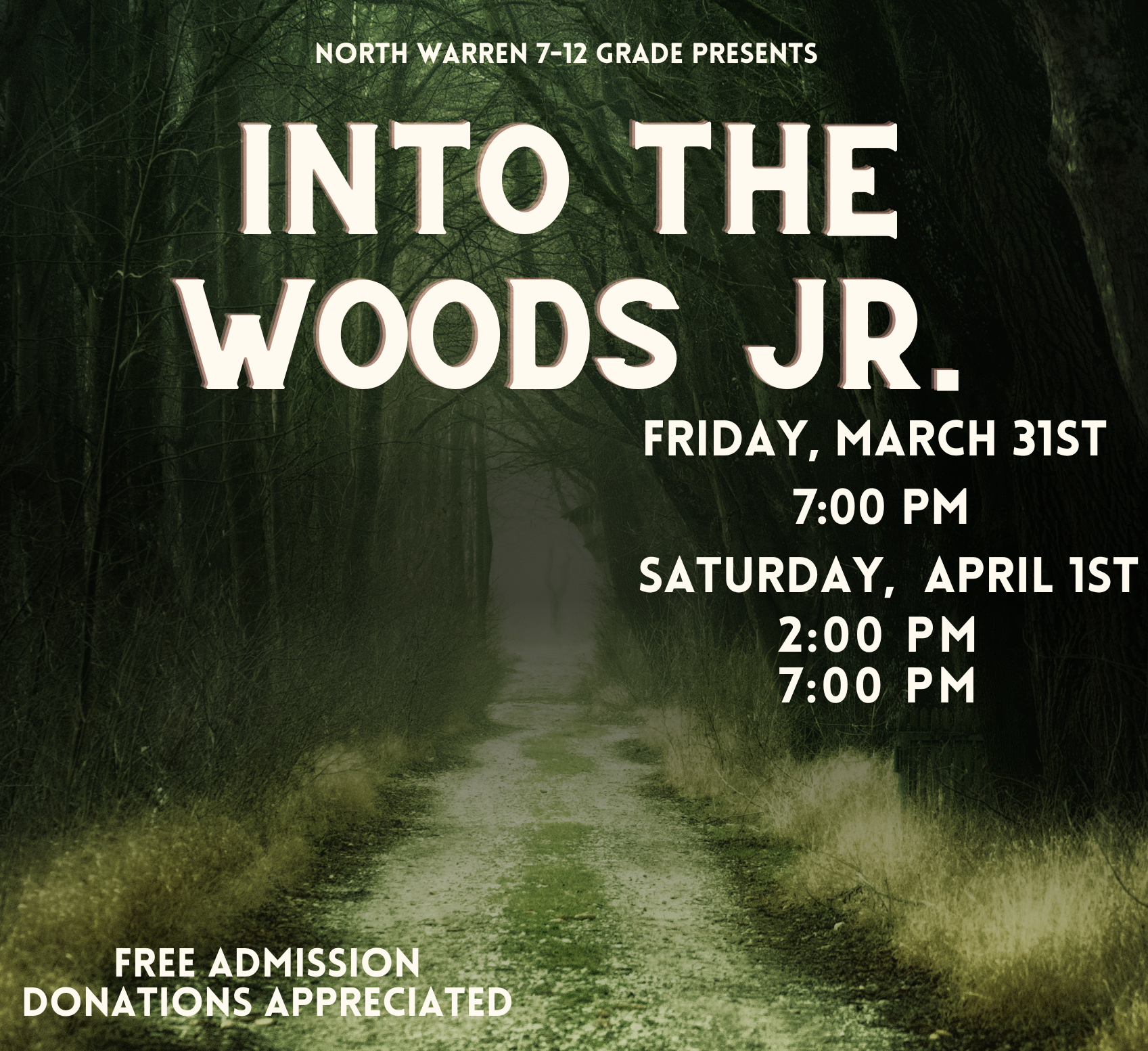 Into the Woods Jr.
Showing at
Friday March 31st 7 pm
Satruday April 1st 2 pm
Saturday April 1st 7 pm